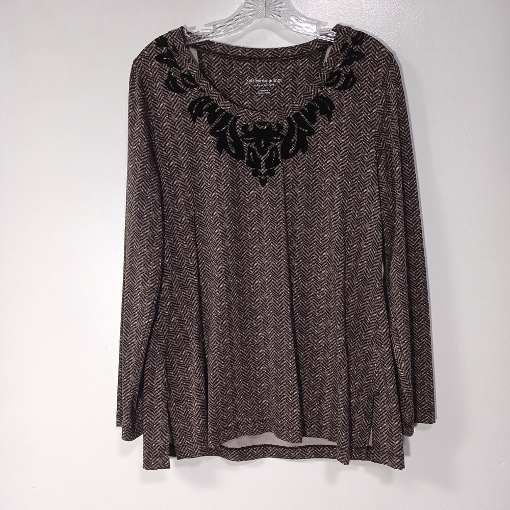 Soft Surroundings Herringbone Velvet Accent Pullover in Brown Black Size M